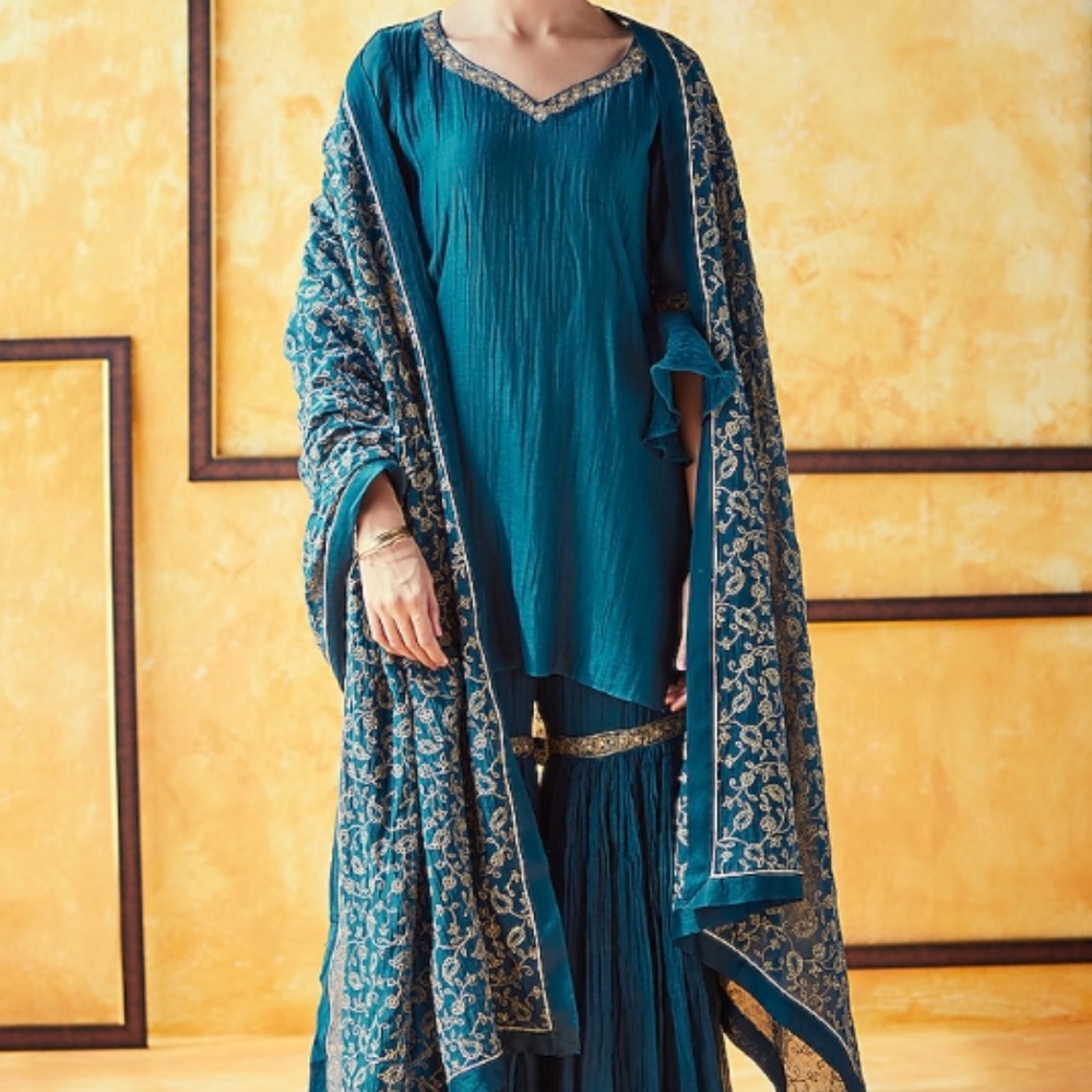Teal Pure Chanderi Gharara Set